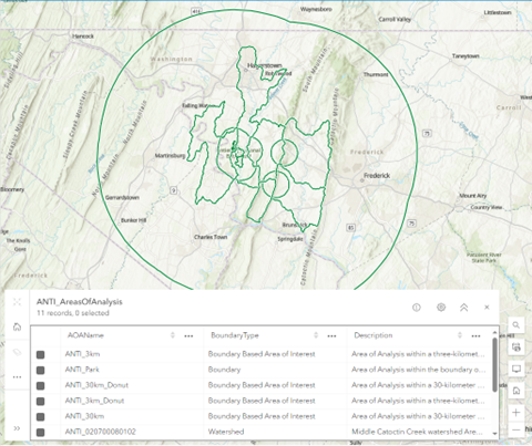 Feature layer and attribute table in ArcGIS Online: This graphic shows the accompanying example feature layer published into ArcGIS Online and a snapshot of its attribute table. This feature layer is used to power the ArcGIS Visual in Power BI. The field named “AOAName” is used as the join field when joining the data table to the feature layer.