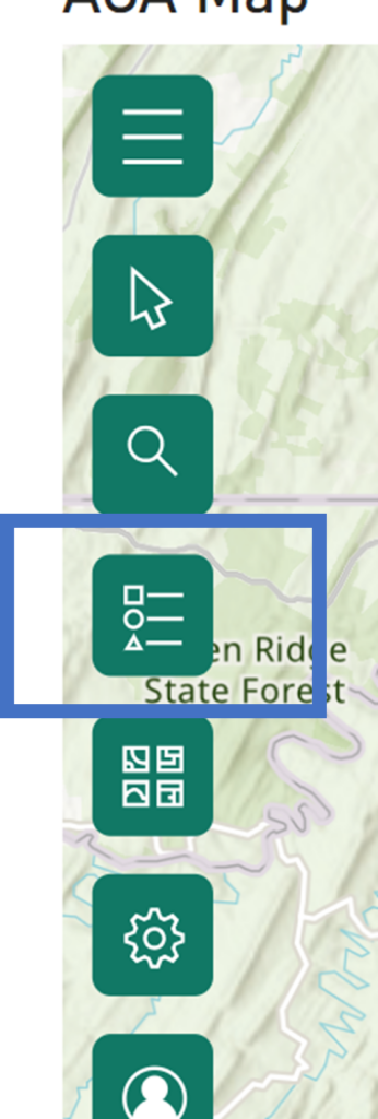 Image shows the upper left-hand side of the ArcGIS Map Visual in Power BI with the visual menu expanded. There is a blue box over the icon that represents the “layers” option.