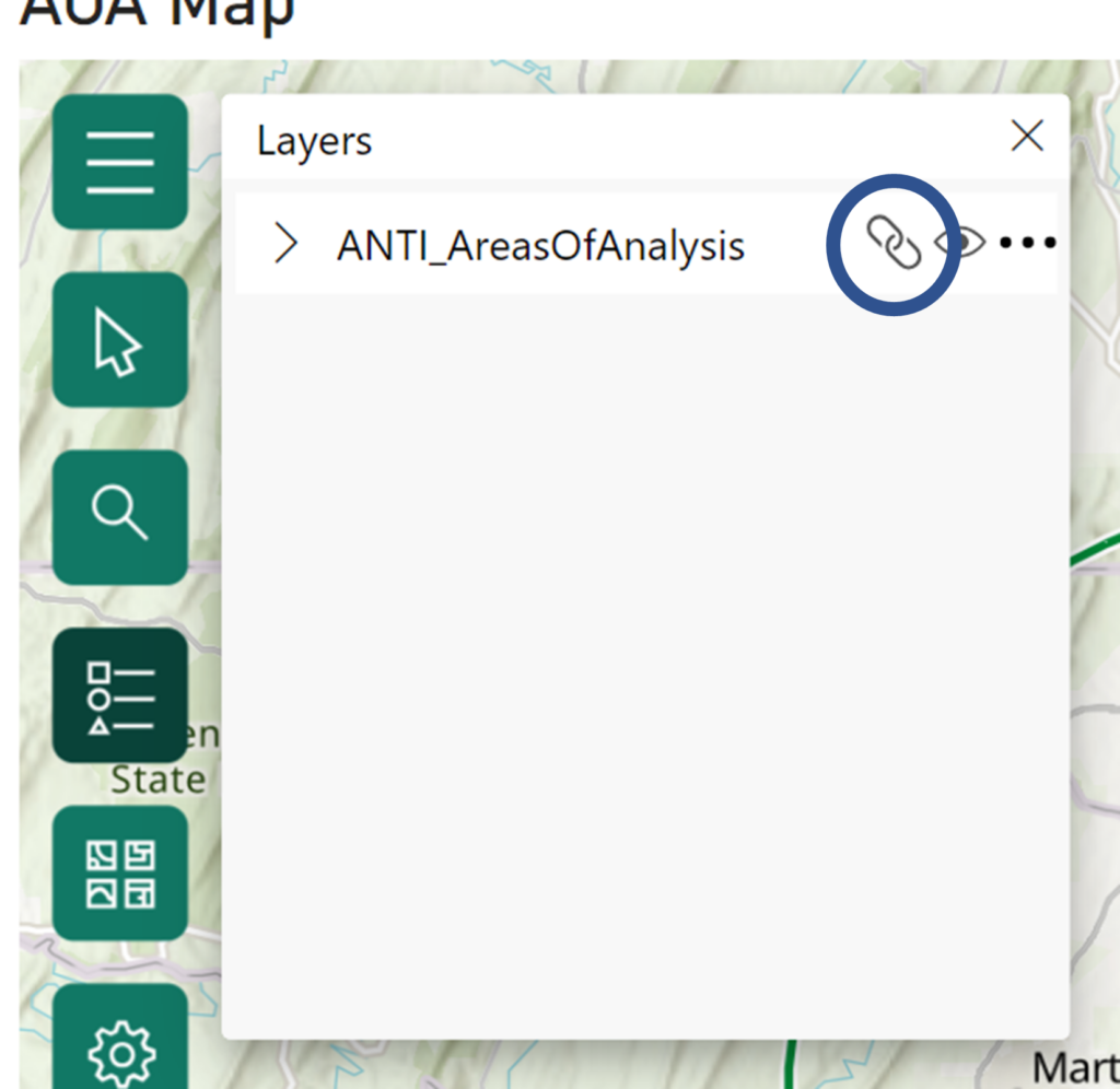 Image shows the expanded “layers” option within the ArcGIS Map Visual in Power BI; there is only one layer present in this example and there is a blue circle around the icon that represents the join link for the layer.