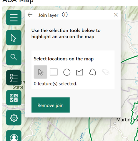 Image shows the box that indicates that the join layer is engaged within the ArcGIS Map Visual in Power BI; with this box open, the connection between ArcGIS Online and the Power BI report is active and the visual will now interactively filter with the other Power BI visuals/content.